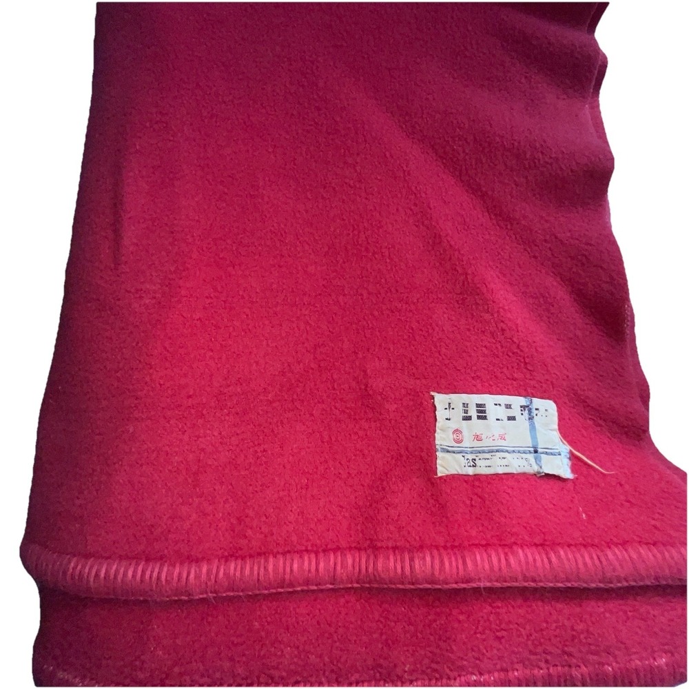 Vintage All Wool Blanket Cherry Red w/ Satin Binding Japanese Label 70x53 MCM